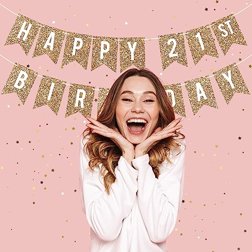 Image of Pre-Strung Happy 21st Birthday Banner - Gold Glitter Birthday Banner | No DIY - Gold Glitter 21st Party Decorations for Men & Women - Pre-Strung on 6 ft Strands - Bday Party Decorations & Decor