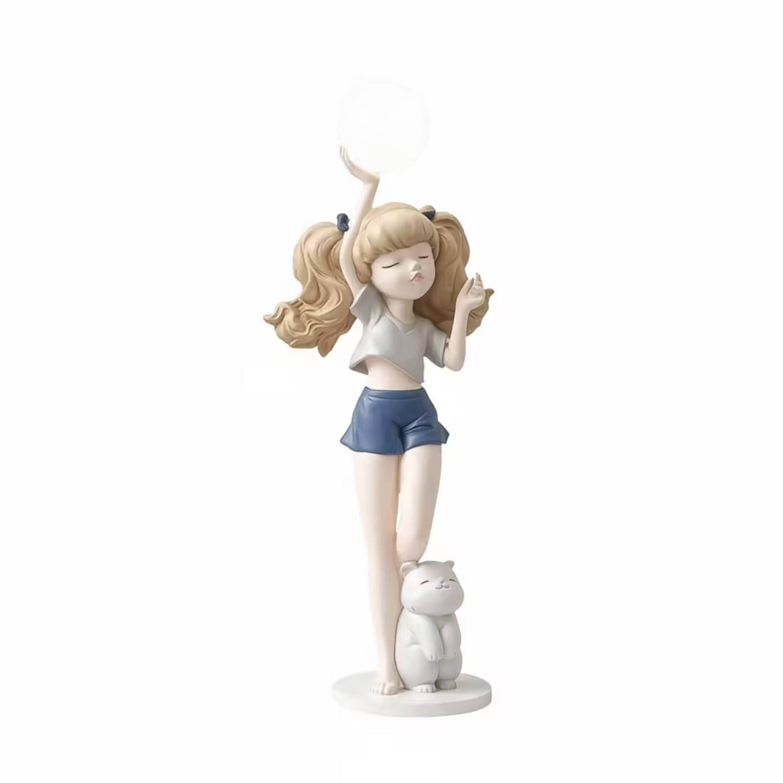 TISHITA Lámpara Figura de Chica Escultura Estatua Luz de Mesa con Toque Artístico y Brillo Ambiental Suave Material Resistente de Fibra de Vidrio con Gato en, Azul, 62cm 27cm