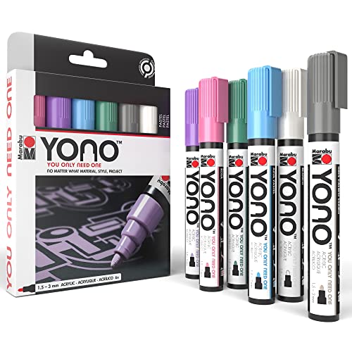 Marabu Yono Pastel Paint Markers - 6 Acrylic Paint Markers For Metal, Stone, Wood, Canvas, Glass, Ceramic, Plastic, Leather - Paint Pens For Rocks, Mugs, Graffiti, Tumbler Making, And Shoes #TOP9