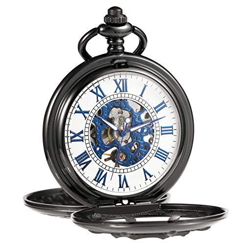 TREEWETO Reloj de bolsillo unisex con cadena, analógico, mecánico, cuerda manual, doble bisagra, con diseño de timón, reloj esqueleto para hombre, negro TREEWETO Reloj de bolsillo unisex con cadena, analógico, mecánico, cuerda manual, doble bisagra, con diseño de timón, reloj esqueleto para hombre, negro