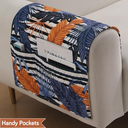 Image of HOKIPO 'LiefNest' Printed Holland Velvet Sofa Armrest Covers | 1 Pair | Tropical Leaves Dusk Blue (IN-827-L-D5*2)
