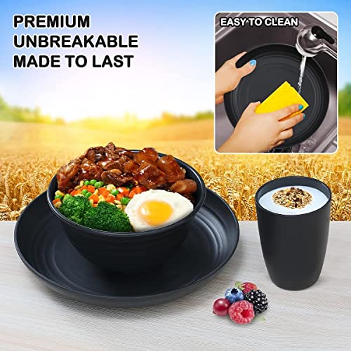 12Pcs Plastic Wheat Straw Dinnerware Sets, Wheat Straw Plates And Bowls Sets For 4 College Dorm Room Essentials Microwave Dishwasher Safe (Black) #TOP3