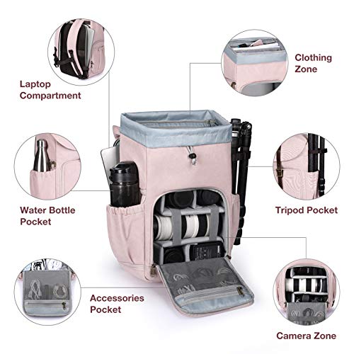 BAGSMART-Camera-Backpack-Anti-Theft-DSLR-SLR-Camera-Bag-Water-Resistant-Canvas-Backpack-Fit-up-to-15-Laptop-with-Rain-Cover-Tripod-Holder-for-Women-and-Men-Pink