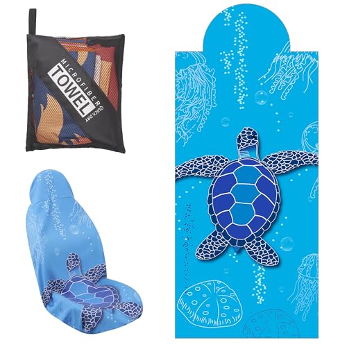 Quechoyz Car Towel Seat Covers with Storage Bag, Front Car Seat Covers for Outdoor Sport Activities, Universal Fit Machine Washable Seat Cover for SUV Cars Trucks (Sea Turtles, 1-Pack)