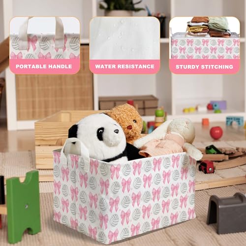 Image of Pink Bows Volleyballs Storage Baskets for Pink Nursery Decoration Bin, Foldable Storage Box Organizer for Clothes Toys Nursery, Large Canvas Laundry Hamper for Bathroom Bedroom Living Room