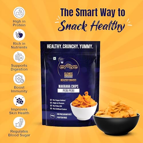Image of Evolve Makhana Chips Healthy Snacks for Kids, Adults, Gluten Free, Low Calorie, No Palm Oil, Vacuum Fried, Peri Peri Flavor - 100g Pack of 6