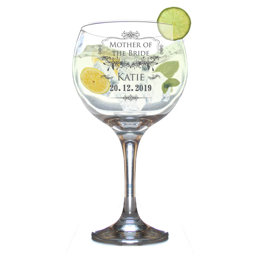 Personalised Gin and Tonic Glass Mother of The Bride Engraved Wedding Balloon Shaped G and T Novelty Juniper Copa Cocktail Stem Gift Box 630 ml