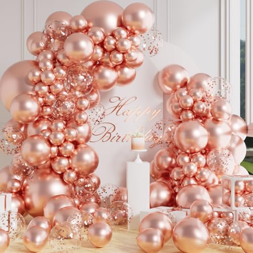AULE Globos Oro Rosa Cumpleaños: Kit de Arco de 100 Piezas Guirnalda Globos Helio Oro rosa Metalizados para Fiesta Bodas Bautismo