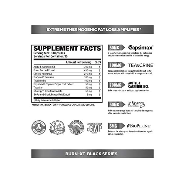Burn XT Black Thermogenic Fat Burner - Weight Loss Supplement, Appetite Suppressant, Nootropic Energy Booster W/TeaCrine - Premium Acetyl L-Carnitine, Green Tea Extract, Capsimax - 90 Veg Diet Pills