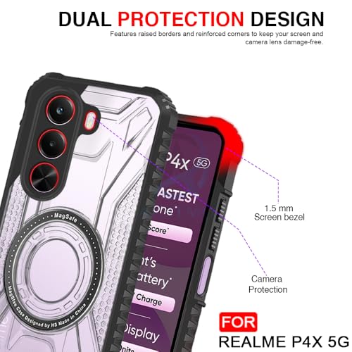 Image of AESTMO Hybrid Shockproof Back Cover Case for Realme P4X 5G Compatible with MagSafe | Hard Back Case Cover for Realme P4X 5G (PC & TPU, Translucent Back, Black Sides)