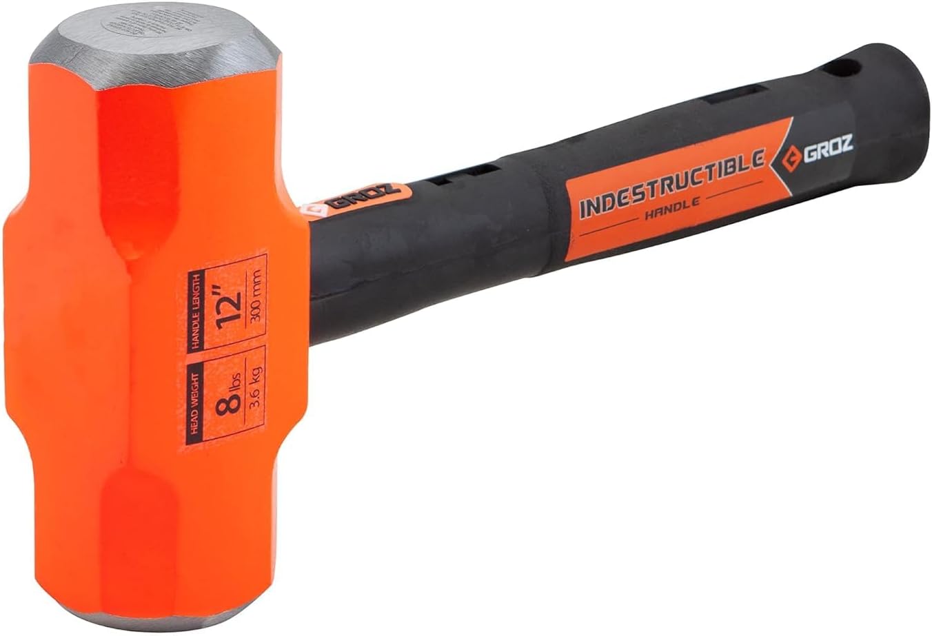 Groz 8 lb Sledge Hammer with Indestructible Steel Bar Handle, 12" Professional Demolition Hammer, Vibration-Reducing Grip, Never Break or Loosen (34522)