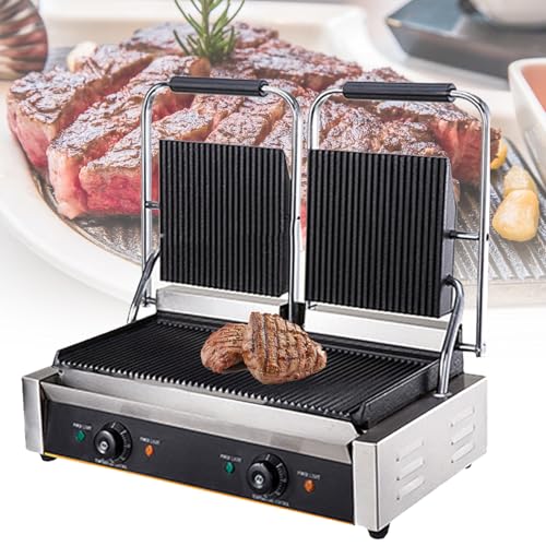 Parrilla de prensa para carne de interior de 1,8 KW/3,6 KW, sandwichera eléctrica para panini, parrilla antiadherente de prensa simple o doble, con depósito de aceite extraíble, para verduras y carn
