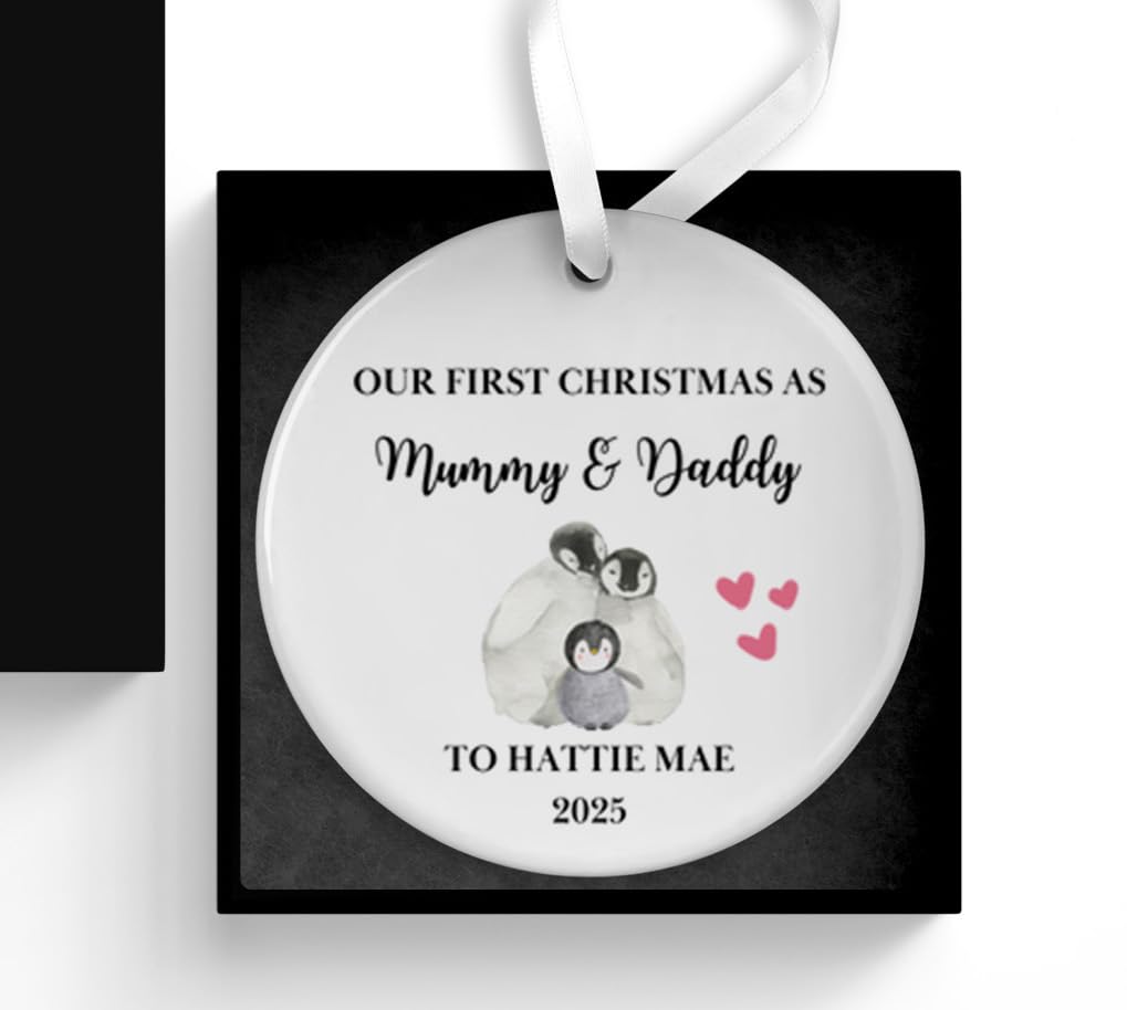 Uniquepgifts White Personalised First Christmas As Mummy And Daddy Bauble, Baby's 1St Xmas Ornament, New Baby Tree Decoration, Mum And Dad Gifts, With Gift Box And Ribbon