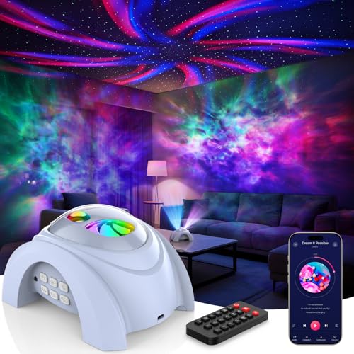 Image of Rossetta Dual Lens Galaxy Star Aurora Projector Night Light for Bedroom | 58 Light Effects, White Noise, Bluetooth Speaker, Music Sync, Remote Control, Timer, Room Decor Gift for Kids Adults Teens