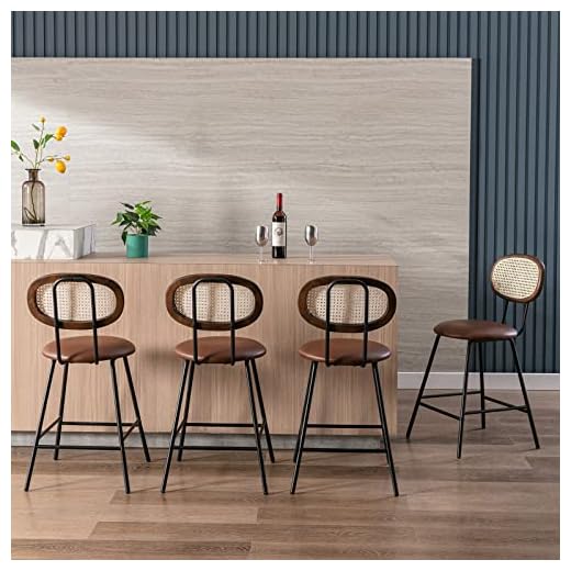 Counter Stools Rattan Back Dining Chair,Indoor Faux Leather Bar Stools Set of 4,Armless Dining Chairs with Rattan Backrest Metal Legs,Modern Counter Height Barstools for Home Restaurant Brown,24"