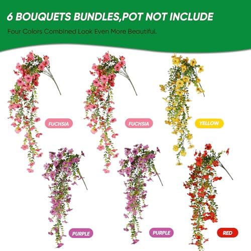 Wanderroot 6 Bundles Artificial Flowers for Outdoors, UV Resistant Fake Hanging Flower, Realistic Silk Flowers for Indoor Outside Garden Patio Balcony Farmhouse Porch (Fuchsia, Red, Purple, Yellow) — view 2