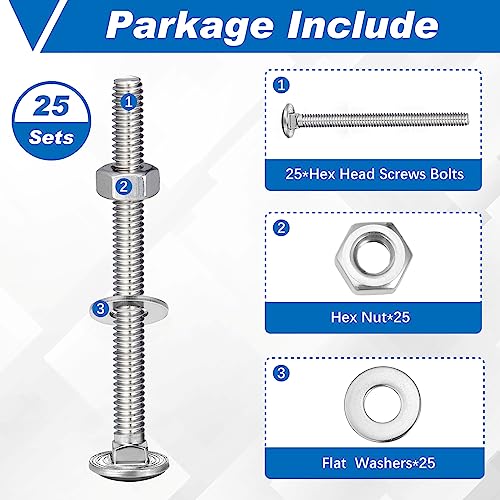 Image of Zonon 25 Sets 1 /4-20 x 3 Stainless Steel Carriage Bolts and Nuts Kit Round Head Square Neck Carriage Bolts Screws and Hex Nuts and Flat Washers, Stainless 18-8 Full Thread Coverage (Silver)