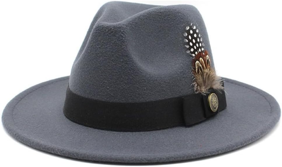 Classic Felt Fedora Hat, 2-Inch Wide Brim, 5-Inch Crown Height, Beige with Black Band and Feather