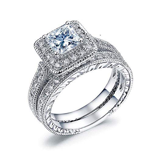 925 Sterling Silver Two in one Double-Layer Cubic Zirconia Wedding Ring for Women, Halo Wedding Ring Set, Men's and Women's Titanium Stainless Steel Ring 2-Piece Set Size 7