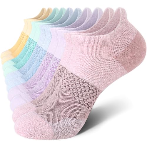 CS CELERSPORT 5 Pairs Women's Ankle Running Socks Cushioned Athletic Sport Socks with Tab, Macaron, Medium