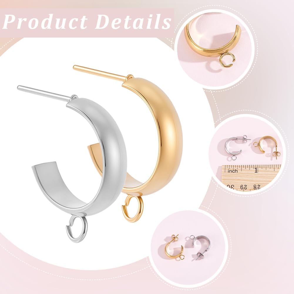 Beebeecraft 16Pcs 2 Colors Half Hoop Earring Findings 304 Stainless Steel Posts Stud Earring with Loop C Shaped with Ear Backs for Jewelry Making DIY Supplies