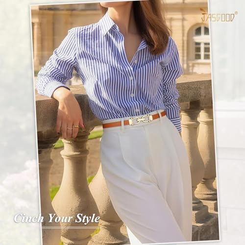 JASGOOD 2 Pack Women’s Thin Belts Pu Leather Adjustable Skinny Waist Belts for Jeans Pants Dresses with Gold Buckle4