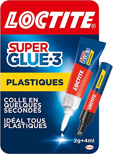Loctite Super Glue-3 Spécial plastiques, colle forte pour tout plastique, colle transparente à séchage immédiat, tube de colle 2 g et stylo activateur 4 ml