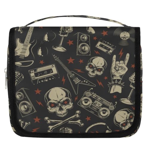 Image of Rock Roll Skull Travel Toiletry Bag for Women Men Kids Girls Boys, Punk Skull Makeup Cosmetic Bag Hanging Wash Bag Toiletries Organizer Shower Bag