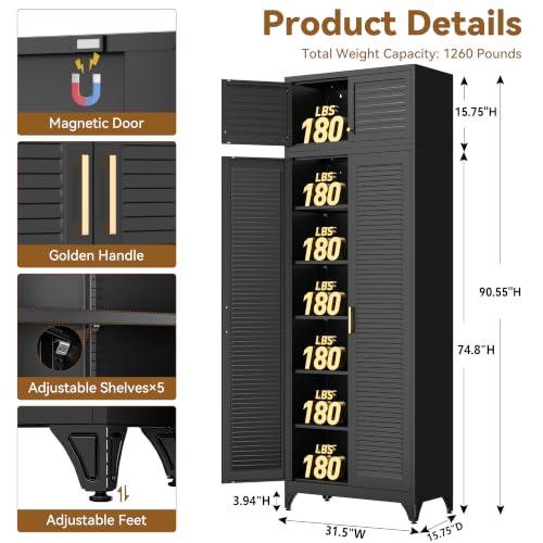Image of Polup 90 inch Tall Metal Kitchen Pantry Storage Cabinet with Doors and Shelves | Black Heavy Duty Steel Cabinet,Golden Handle,5 Adjustable Shelves,Louvered Doors,Anti-tipping,2 packages,garage,Dining room