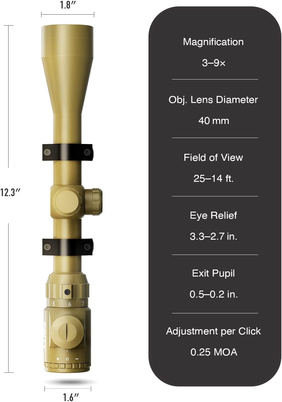 PINTY 3-9x40 Rifle Scope with Red/Green Illuminated Reticle & Rangefinder, Multicoated Lens with Mounts for Picatinny Rail