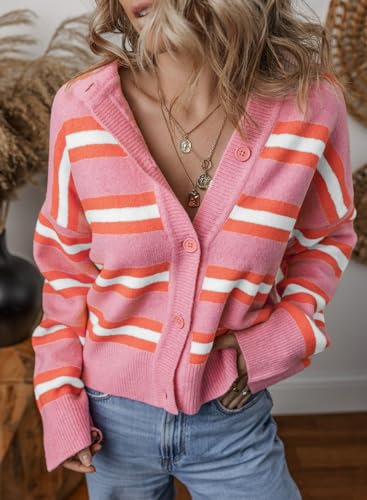 EVALESS Women's Striped Cardigan Sweaters Trendy Lightweight Chunky Knit Cropped Sweaters Outfits Outerwear Coats4