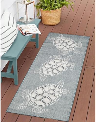 Liora Manne Carmel Indoor/Outdoor Power Loomed Synthetic Blend Low Profile Area Rug - Transitional Coastal Turtle Decorative (Seaturtles Aqua) (1'11" x 4'11")