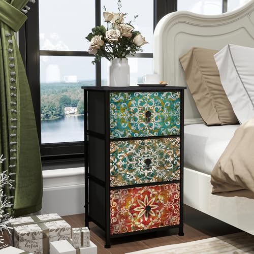 GiftGo Retro Dresser with Fabric Drawers Boho Mandala Flower Chest of Drawers Narrow Storage Tower for Small Spaces Gaps Bedroom Beautiful Nightstand Living Room Table (Mandala, 3 Drawers) GiftGo Retro Dresser with Fabric Drawers Boho Mandala Flower Chest of Drawers Narrow Storage Tower for Small Spaces Gaps Bedroom Beautiful Nightstand Living Room Table (Mandala, 3 Drawers)