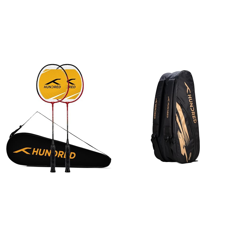 HUNDRED Aluminium Powertek 100 (Set of 2) Badminton Racket with Full Cover (115G, Red/Black) & Hundred Cosmogear Badminton Kit-Bag (Black)|Double Zipper|Bag with Front Zipper Pocket-image-0