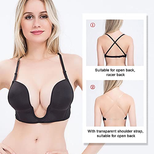 KOEMCY Women's Deep Plunge Bra Push Up Low Cut Sexy U Shaped Backless Wireless Bralette for Low Back Dress Wedding (Black,C) - Image 2