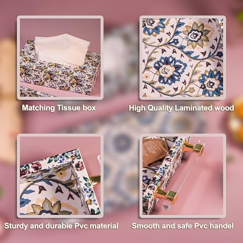 Image of Art Street Premium Serving Tray and Tissue Holder /Tissue Paper Case Dispenser Combo for Kitchen, Dining, Home and Office (Flowers Printed, Tray Size 8x17 Inch, Tissue Holder 6x9 Inch)