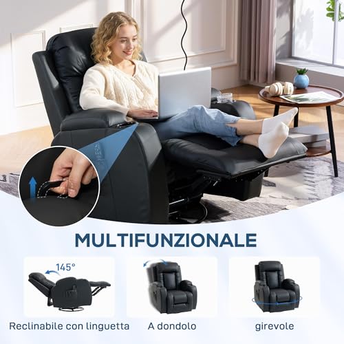Homcom Poltrona Massaggiante Reclinabile Manuale 145° Riscaldante, 8 Punti Di Massaggio, Poltrona Relax Girevole Con Dondolo, Poggiapiedi, Telecomando, Portabicchieri, Tasche Laterali, Pelle Pu, Nero - 5