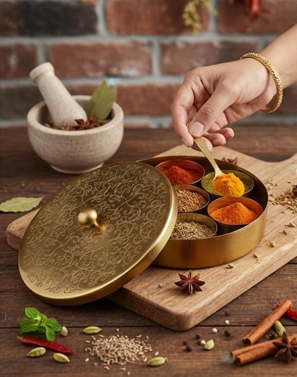 Image of Handcrafted Masala Box with Spoon | 7-Container Spice Box (40 ml Each) | 7 Inch Masala Dabba for Kitchen Storage | Traditional Masala Petti Spice Container Set | Iron