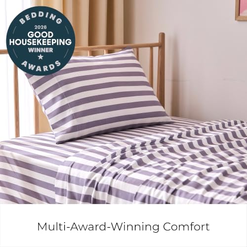 Image of Mellanni Twin XL Sheets Set - 3 PC Iconic Collection Bedding | Hotel Luxury, Extra Soft, Cooling Bed Sheets - Wrinkle, Fade, Stain Resistant (Twin Extra Long, Oxford Stripe Hazy Lilac)