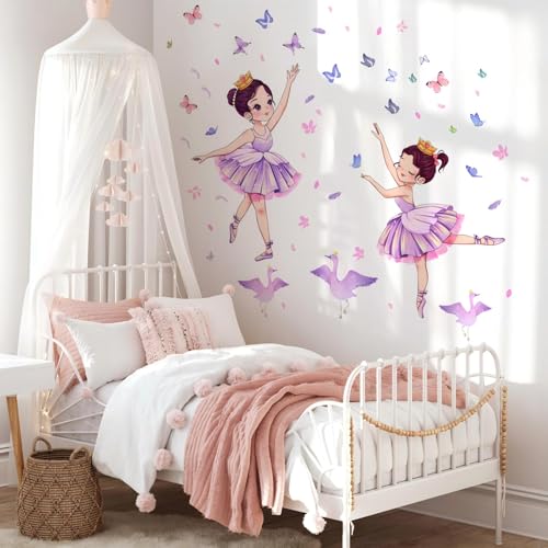 Butterfly Girl Wall Stickers,Swans Flower Princess Wall Decal,Pink Floral Wall Mural Colorful Butterflies Wall Decor - Image 4