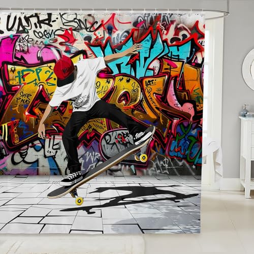 Image of Boys Skateboard Bathroom Shower Curtain Set Colorful Graffiti Style Shower Curtain for Stalls Bathtubs Decor Skate Board Bath Curtain Hip Hop Street Culture Waterproof Bathroom Curtains 72x78 Inch