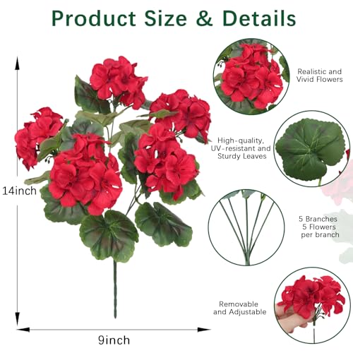Image of 8 Pcs Artificial Geraniums Flowers for Outdoor Spring Summer Decor - UV-Resistant & Realistic Silk Faux Plants for Garden Porch Patio Yard Balcony Home Kitchen Table Centerpieces Decoration, Red