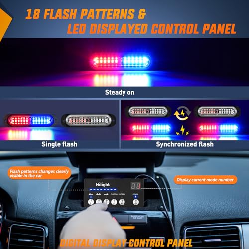 Image of Nilight 8PCS Led Strobe Lights with Controller 12 /24V Sync Feature Red Blue