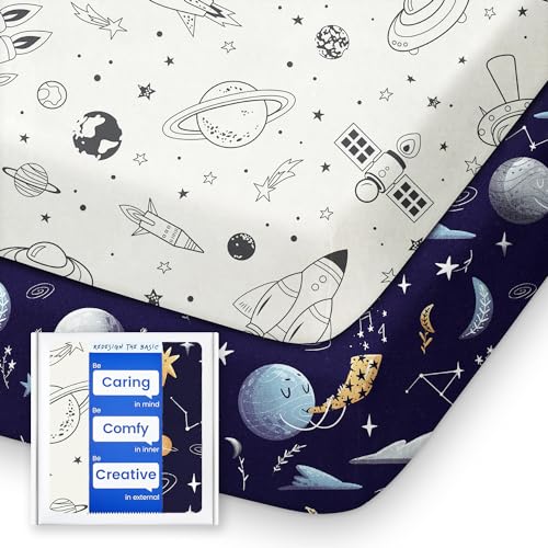 Image of Pack N Play Sheets Fitted, TotBasic Ultra Soft Space Mini Crib Sheets, Premium Jersey Knit Pack and Play Sheets Neutral, Stretchy Play Yard Sheets for Pack and Play Mattress, 2 Pack