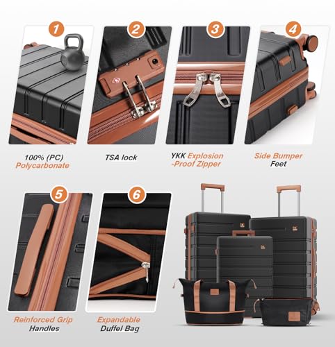 Image of Luggage Sets 5 Piece Polycarbonate Hard Shell Suitcases Airline Approved, Lightweight Luggage with Spinner Sheels TSA Lock, YKK Zippers, Suitable for Family Black(20 /24 /28 /DB /TB)