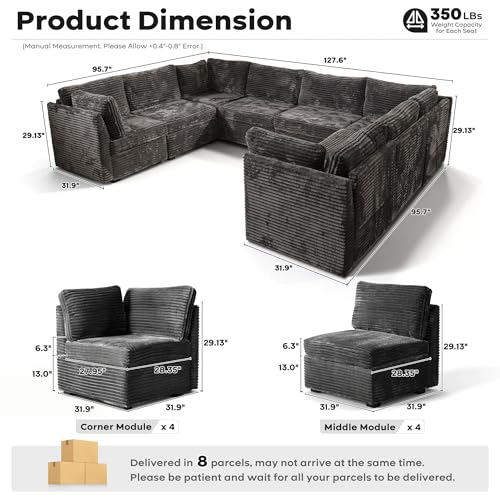 Image of ovios Modular Sectional Sofa Couch with U-Shape Chaise Oversized, Comfy Plush Corduroy Cloud Couches, Modern Luxury Deep Seat Sofas Set for Living Room, 8-Seater, Grey