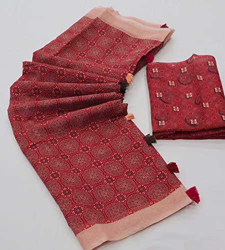 Image of NK Textiles Women's Ajrakh Block Print Chanderi Cotton Saree with Pompoms (15 DESIGNS)