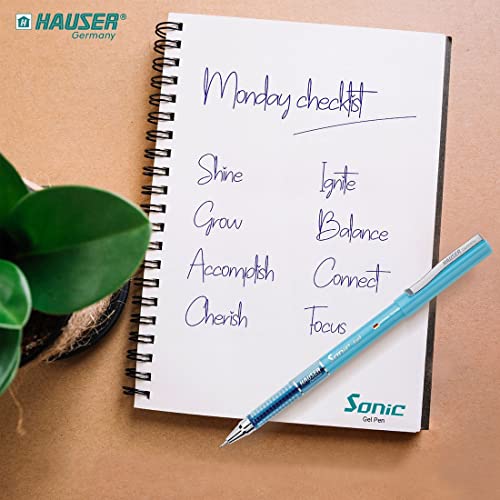 Hauser Sonic 0.55mm Gel Pen Box Pack | Attractive Foiled Body | Stylish Metal Clip | Refillable & Waterproof Gel Ink | German Technology For Smooth & Effortless Writing | Blue Ink, Set of 10 Gel Pens (Image - 6)