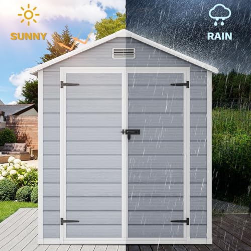 Image of DWVO 6x4.4 FT Outdoor Resin Storage Shed with Reinforced Floor, All-Weather Bike Storage Shed with Lockable Door, Window and Vent, Waterproof Plastic Tool Storage for Garden, Backyard, Patio, Lawn