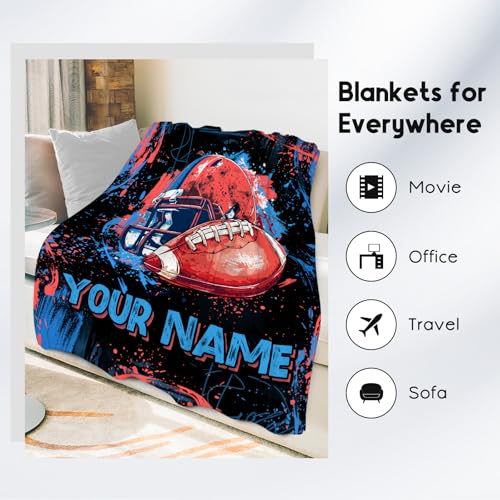 Custom Football Blanket, Cozy Soft Throw Blankets for Kids, Cool Black Flannel Throw Gifts for Couch Sofa, 40x50 Inches